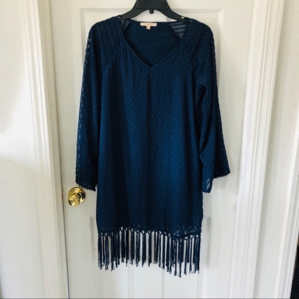 SKIES ARE BLUE long sleeve navy blue sheer fringe boho V neck mini dress SZ XS